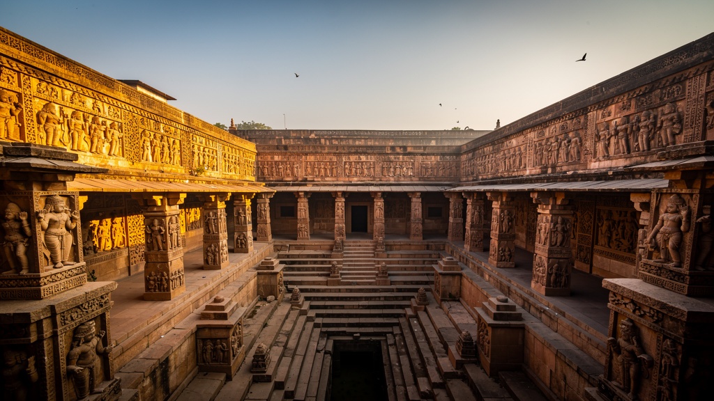 The magnificent Rani ki Vav stepwell at Patan showing multi-tiered carved walls and the deep well shaft